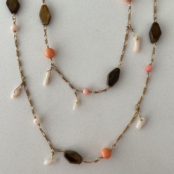 Double Strand Peach Coral & Wood Bead Chain Necklace - Picture 4 of 7